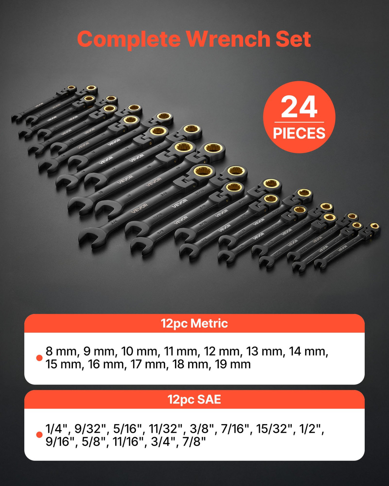 VEVOR 24-Piece Flex-Head Ratcheting Wrench Set | SAE & Metric 72-Tooth