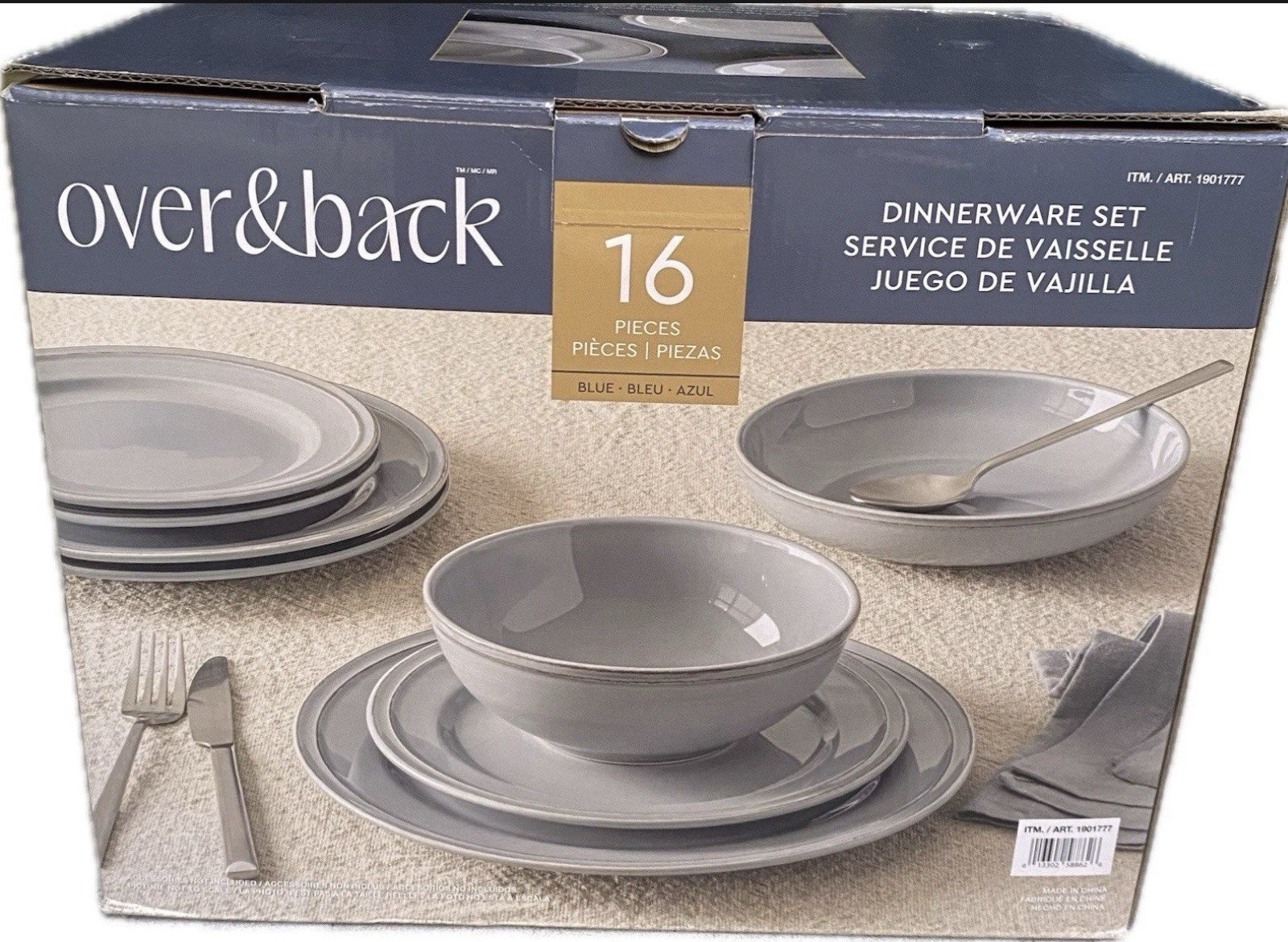 Over & Back  16-Piece Dinnerware Set Stoneware Plates & Bowls Blue Azul 1901777