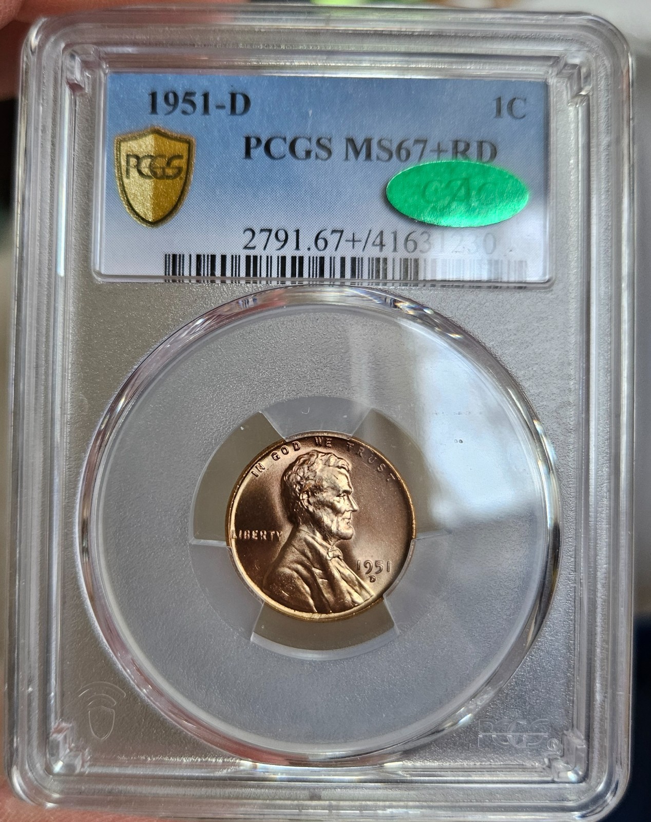 1951-D 1c Lincoln Wheat Cent Penny PCGS MS67+ RD -CAC 1951-D 1c Lincoln Wheat Cent Penny PCGS MS67+ RD -CAC