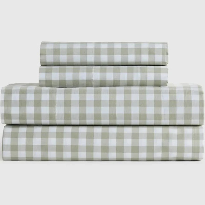 QUINCE NWT Organic Crisp Percale Gingham 4 PC Sheet SET, King, Willowleaf Color