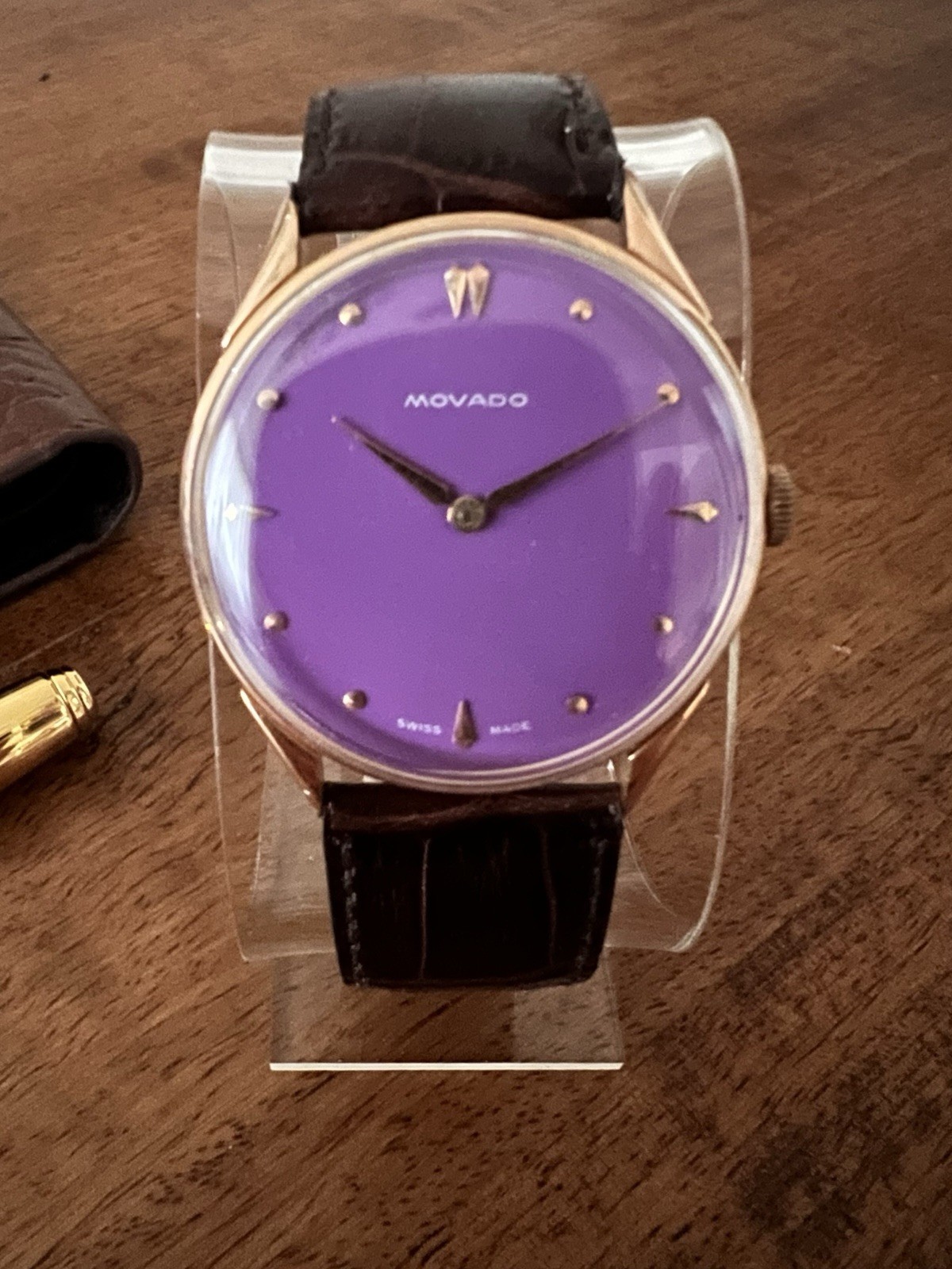 Stunning 1950\'s 18K Solid Rose Gold Swiss Movado, Unusual Purple Dial, Manual Stunning 1950\'s 18K Solid Rose Gold Swiss Movado, Unusual Purple Dial, Manual