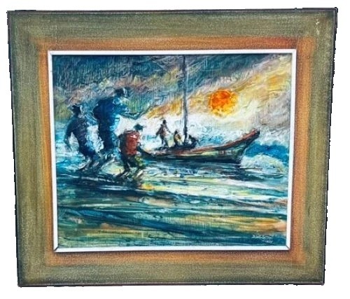 DLUCIA Jose Pedro de Alcantara 1974 Original Oil Painting Brazilian Fishermen