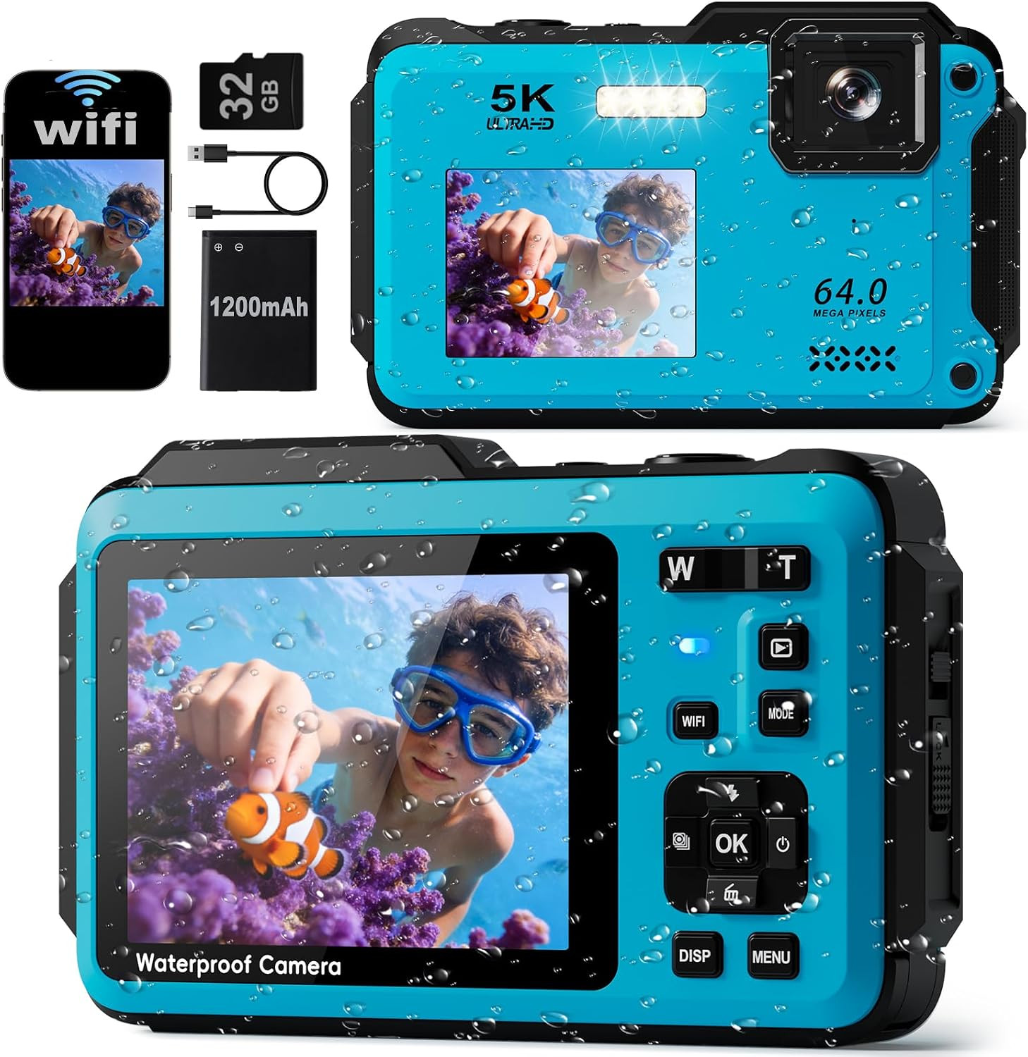 5K Underwater Digital Camera,64MP Waterproof Camera,16FT Floating Camera for Sno