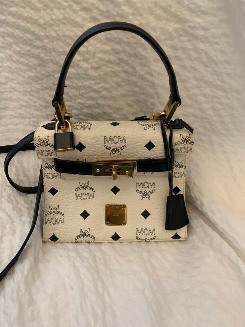 MCM Padlock Handbag White Navy Leather Coated Canvas Shoulder Strap