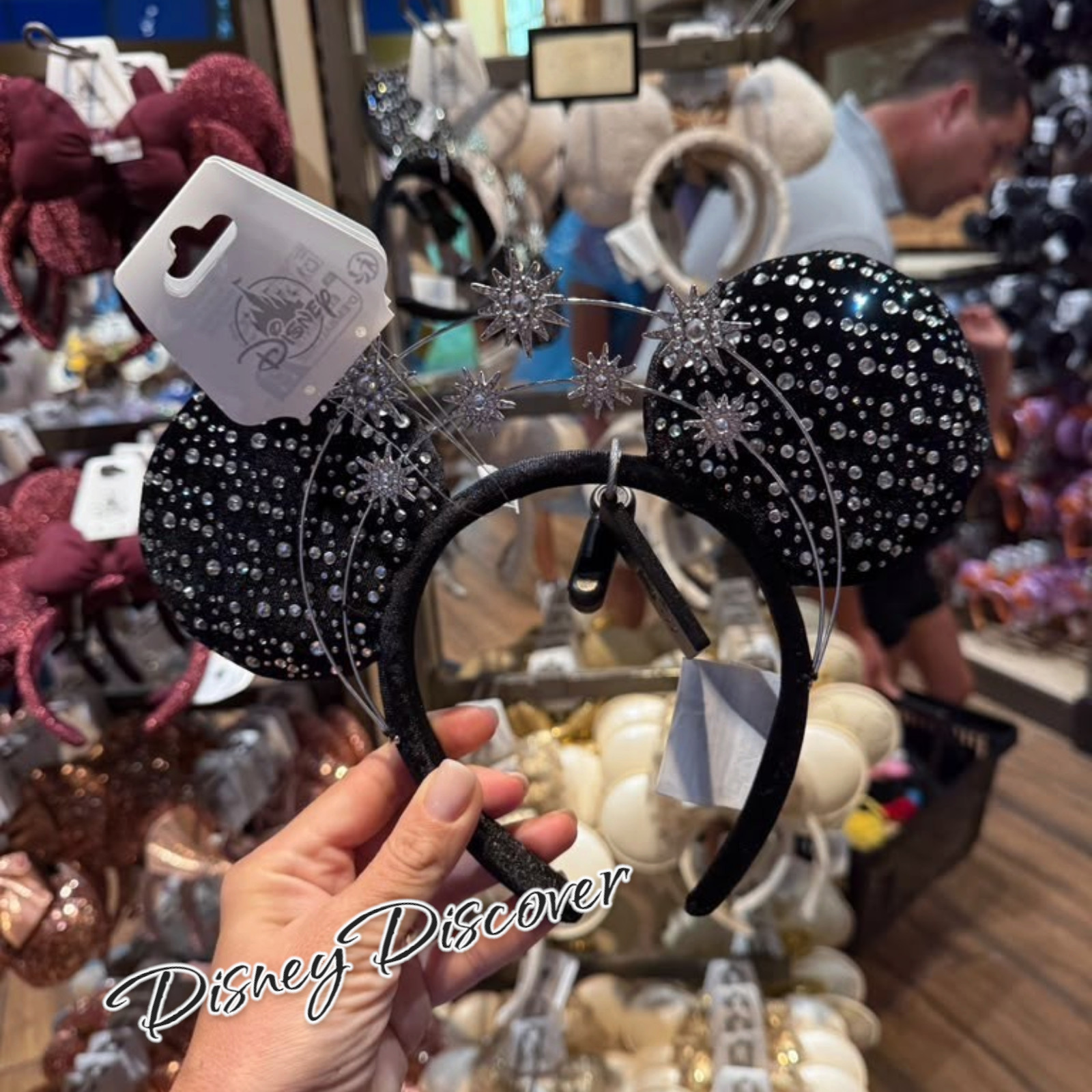 NWT Disney Parks Minnie Mouse Black Stars Sparkle Rhinestone Crown Ears Headband