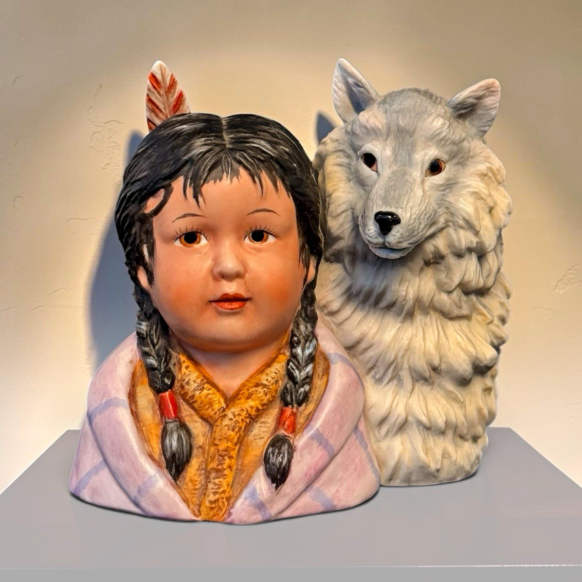Perillo Loyal Alliance Girl and Wolf Ceramic Figurine, Hand Painted, 1989
