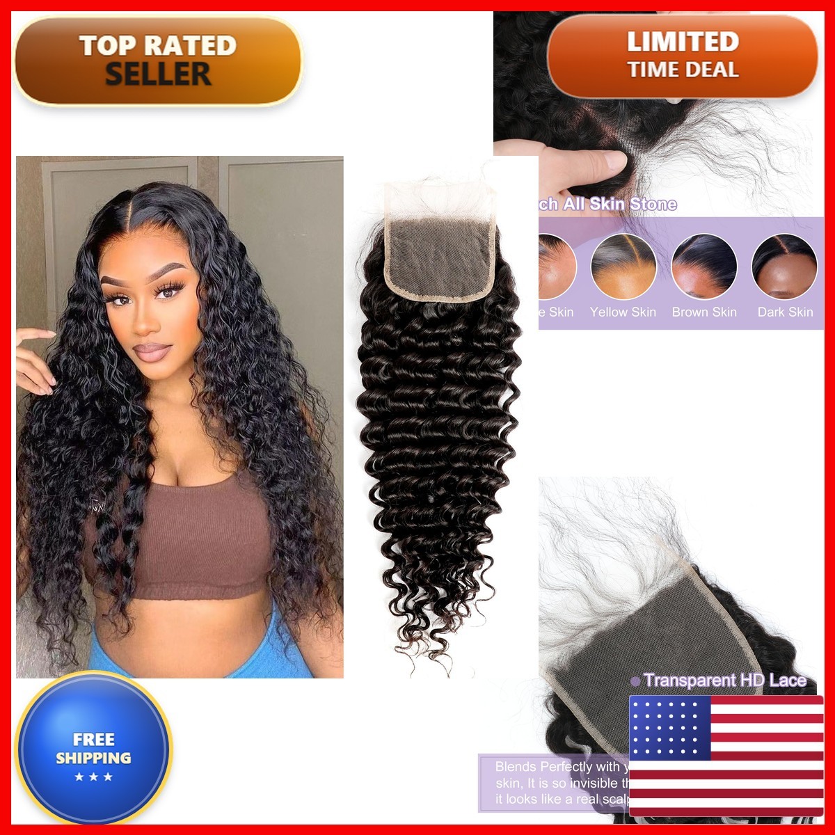 DSEKCAIN 5x5 Deep Wave Closure Transparent HD 100% Human Hair Slightly Pre
