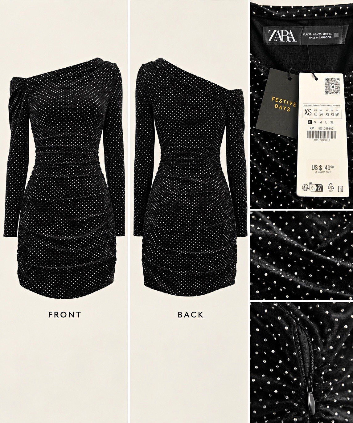 ZARA XS Black Velvet Silver Polka Dot One-Shoulder Ruched Mini Dress Zip