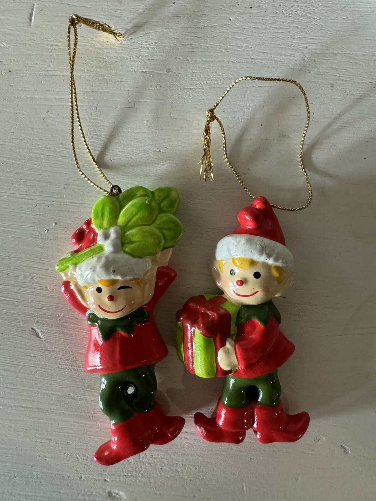 VTG 2 Christmas Elves Elf Painted Ceramic Ornaments Korea EUC 3.5” Red & Green