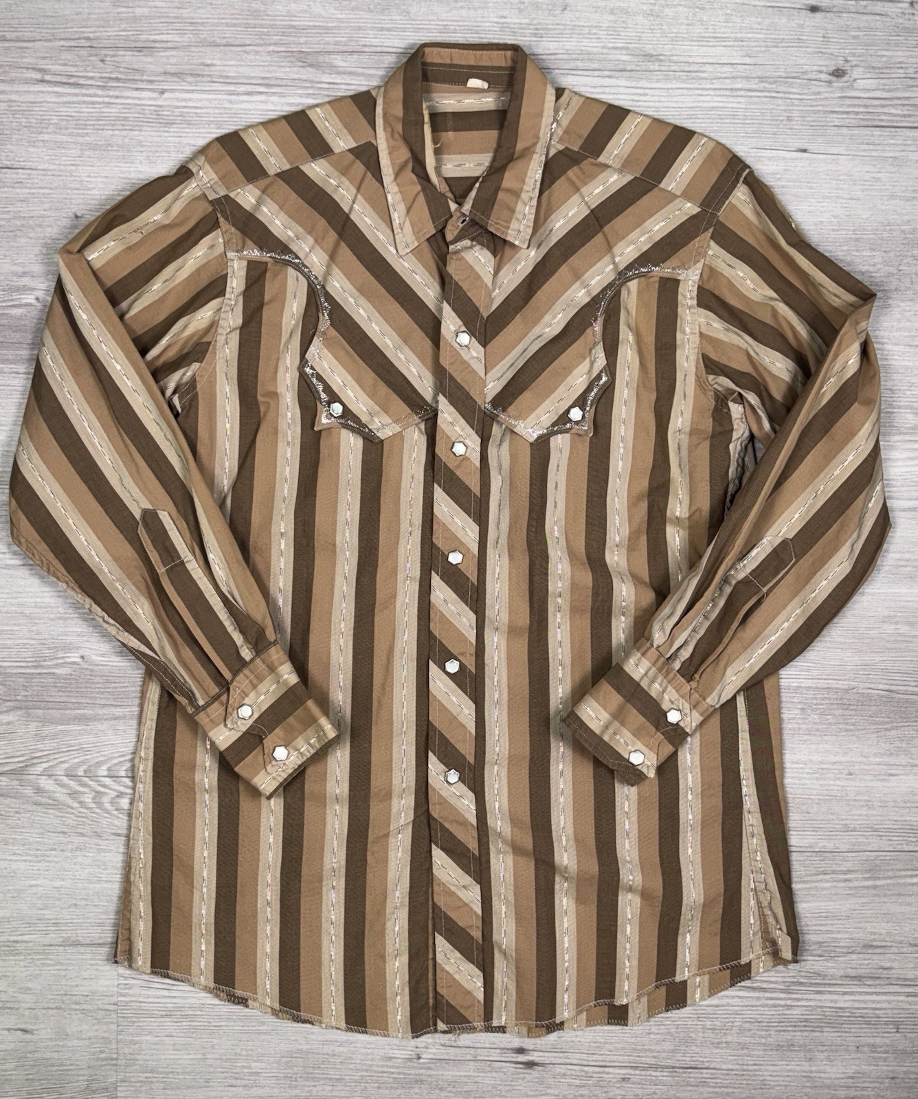 Vintage Western Pearl Snap Shirt Mens 15.5 S Brown Striped Metallic Lurex Yoke
