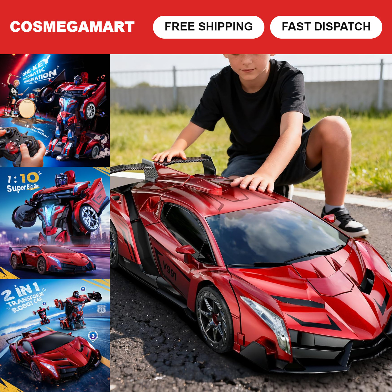 1:10 Scale Transforming RC Car - 2-in-1 Robot Toy, Big Size, Red Color
