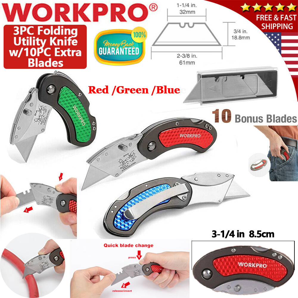 WORKPRO 3PC Folding Utility Knife Quick Change Belt Clip w/10PC Extra SK5 Blades
