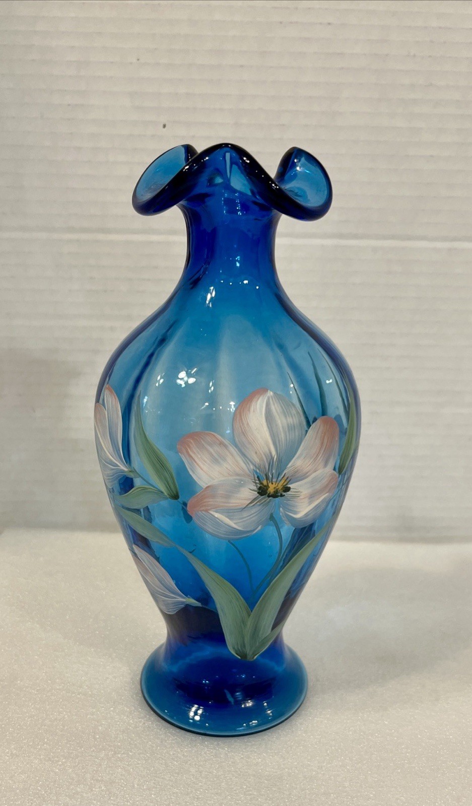 Fenton Twilight Blue Tulips Glass Vase Hand Painted Sign Robert S. Stewart 8”