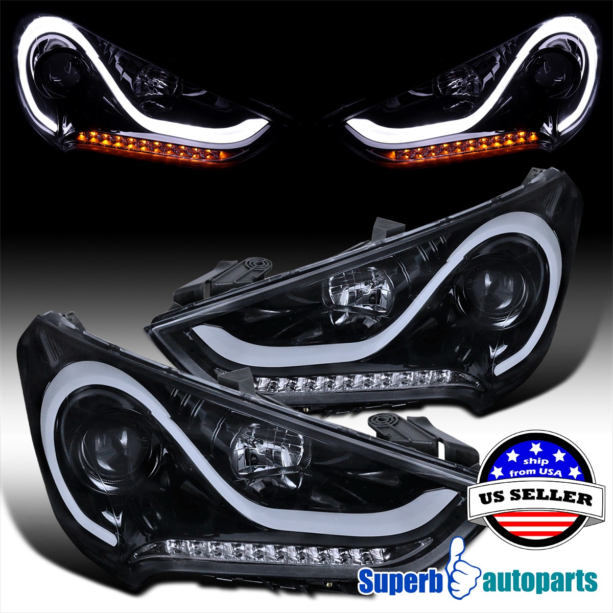 Fits 2012-2017 Hyundai Veloster Black Smoke LED Tube Projector Headlights Fits 2012-2017 Hyundai Veloster Black Smoke LED Tube Projector Headlights