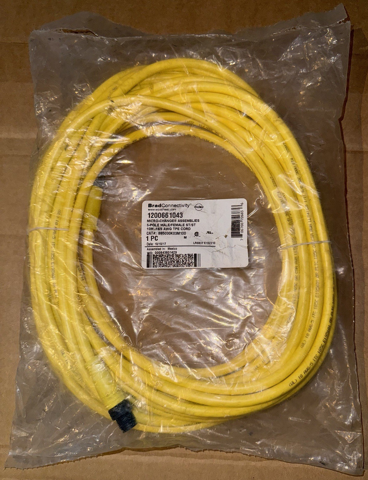 NEW Molex Brad 1200661043 Micro-Change Cordset 5-Pole M/F ST/ST 10M 18/5 AWG TPE