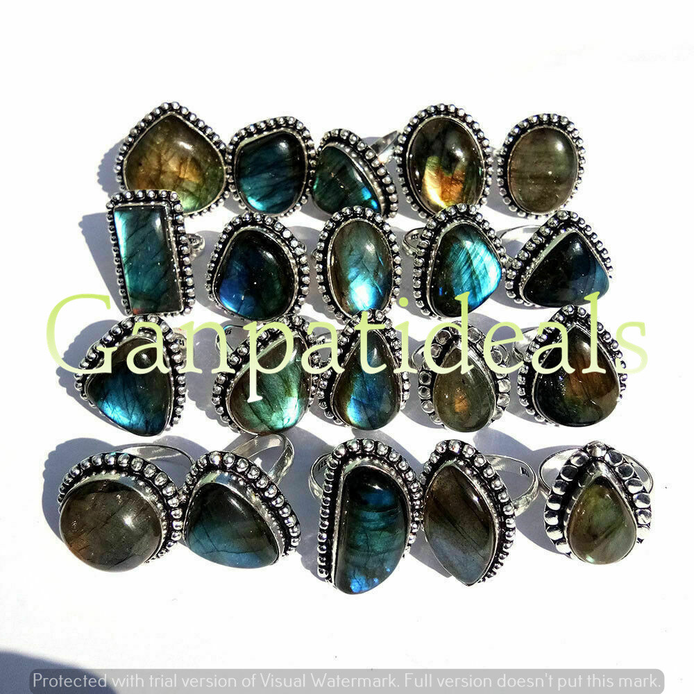 Bulk Sale  Wholesale 100 Pcs Lot Labradorite Rings 925 Sterling Silver Plated