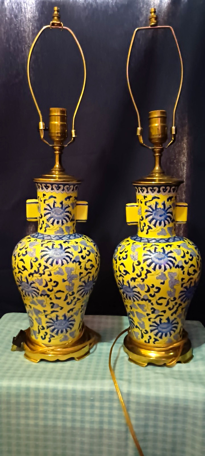 Pair Vintage Chinoiserie Porcelain Table Lamps Yellow With Blue Floral -27\