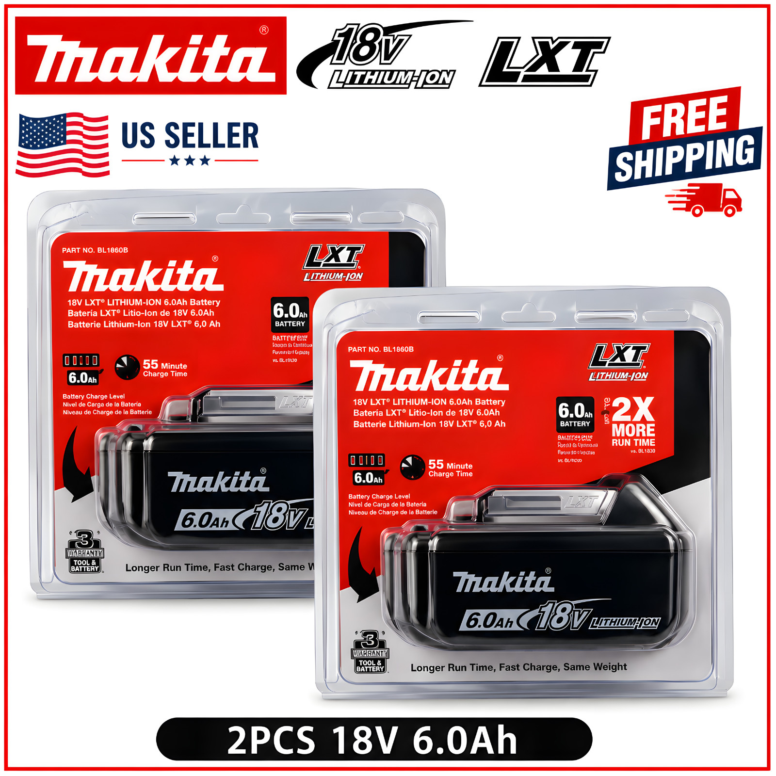 18V 6.0Ah Li-Ion LXT Battery 2PCS Rechargeable Power Tool Batteries for makita