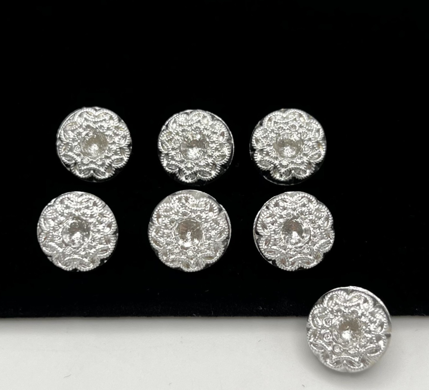 (7) NOS Dimi Silver & Clear Glass Czech Glass Shank Round Buttons VTG
