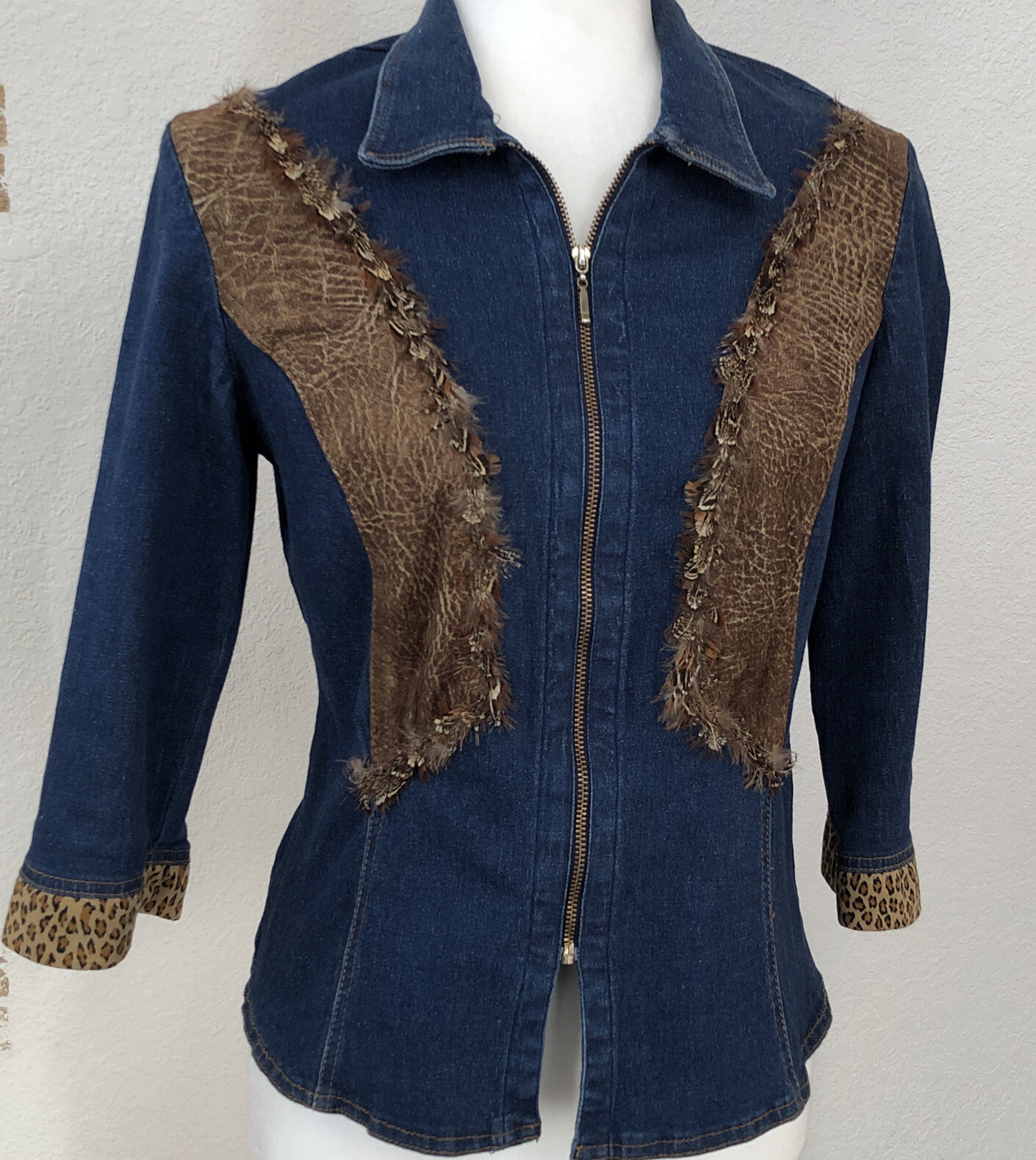 Dorothy Schoelen Western glam Denim zip Top Feathers and Suede EUC Jrs M