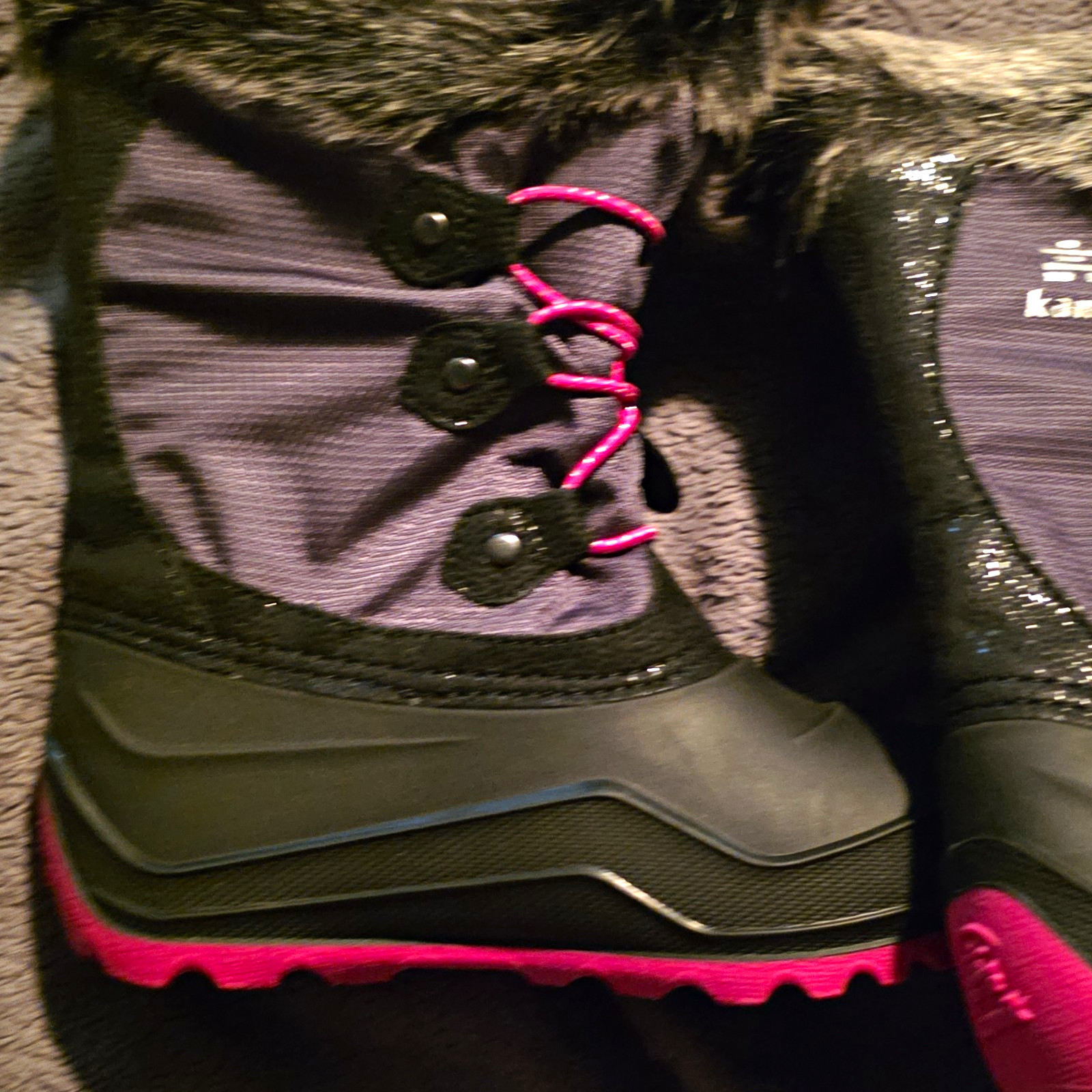 Kamik Girls Black Pink Gray Faux Fur Lined Lace Up Snow Boots Sz 12   Z40