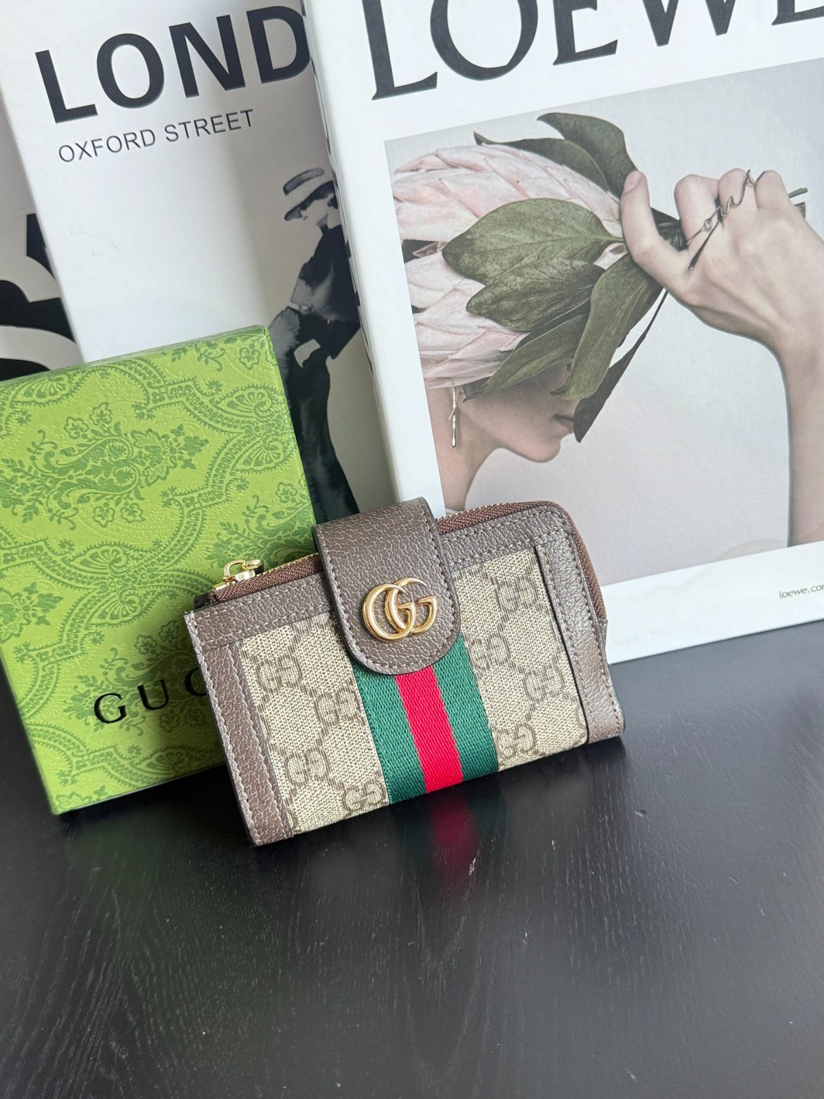 Ophidia GG Supreme Web Stripe Zip Card Case Wallet Brown