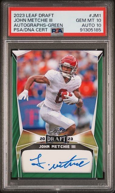 2023 LEAF DRAFT AUTOS GREEN #JM1 JOHN METCHIE III PSA 10 AUTO 10 2023 LEAF DRAFT AUTOS GREEN #JM1 JOHN METCHIE III PSA 10 AUTO 10