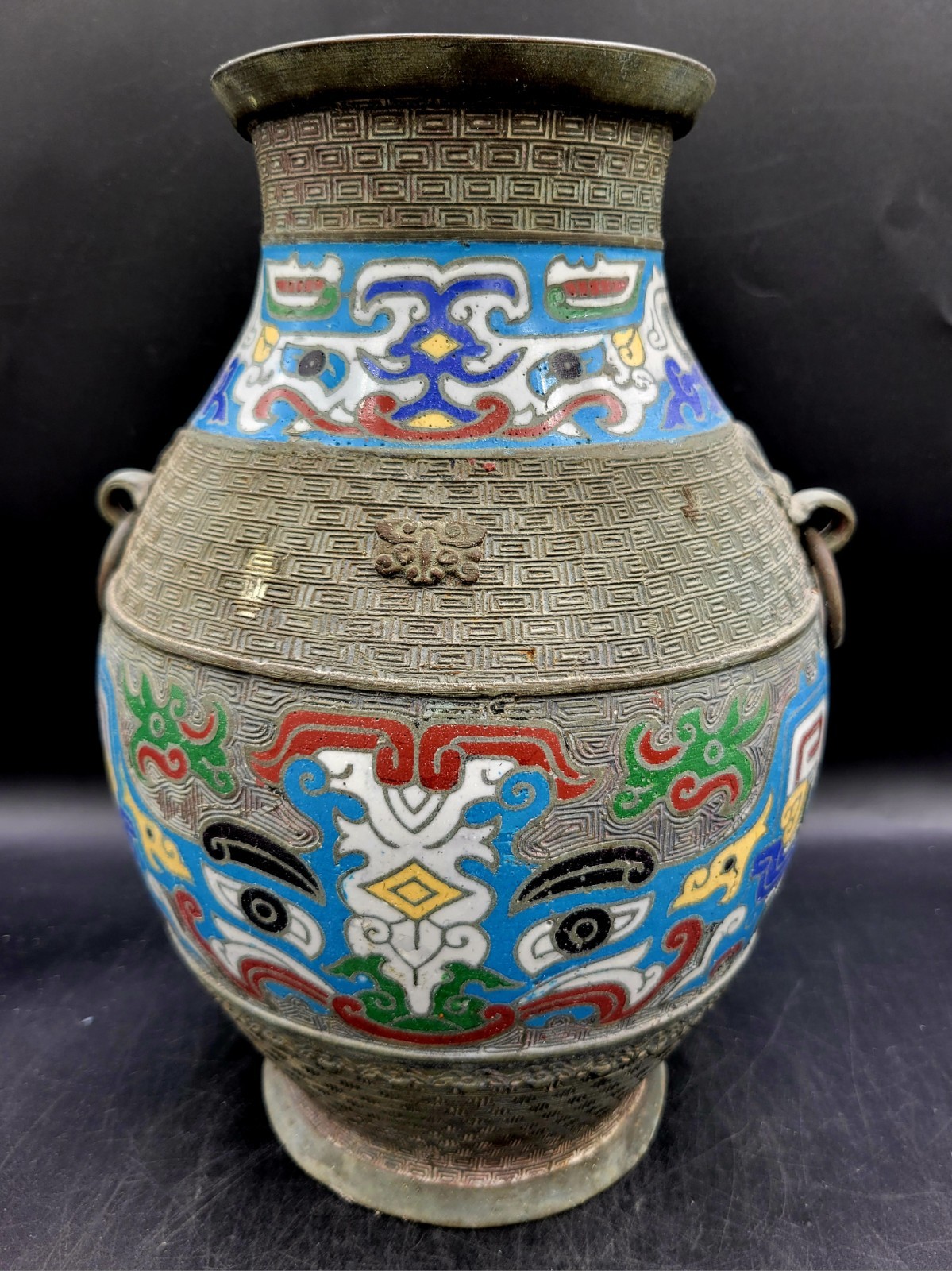 LARGE Antique Japanese Bronze Cloisonné Enamel Vase Dragon Handles LARGE Antique Japanese Bronze Cloisonné Enamel Vase Dragon Handles