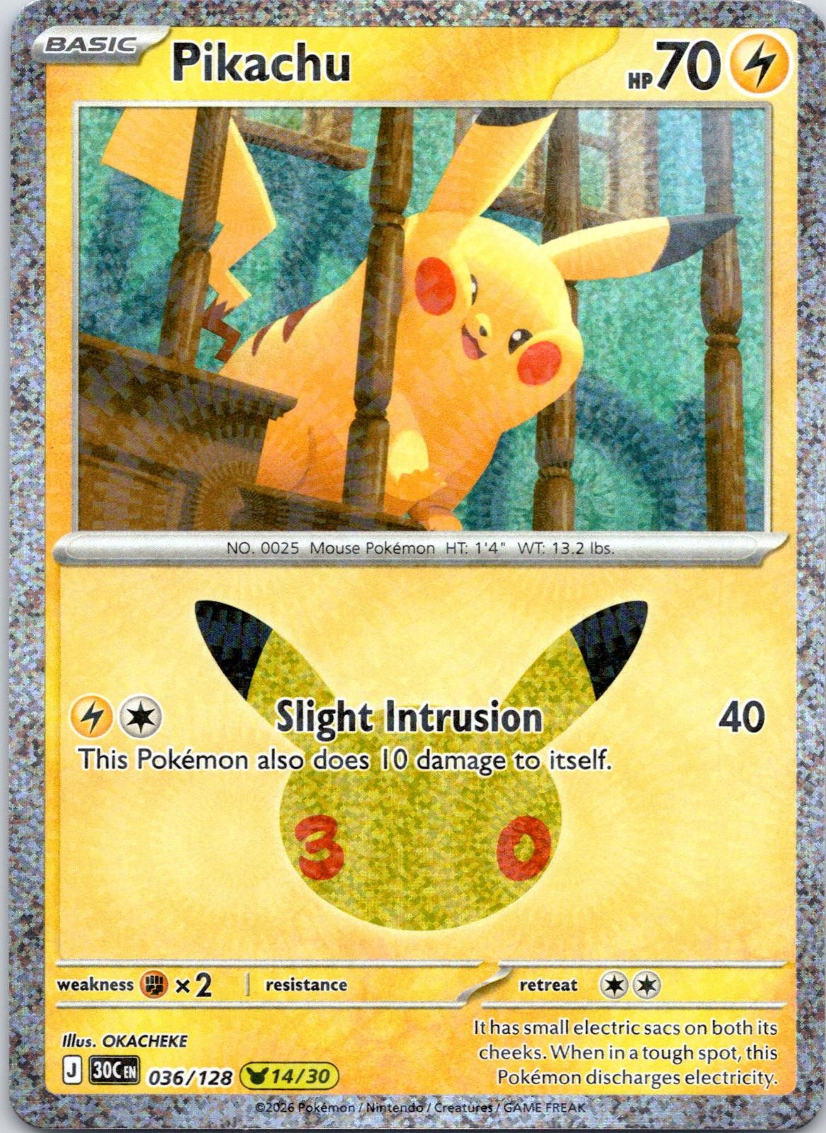 Pikachu 036/128 Holo Pikachu Rare ME: 30th Celebration Pokemon Near Mint Pikachu 036/128 Holo Pikachu Rare ME: 30th Celebration Pokemon Near Mint