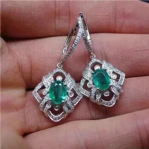 Genuine Emerald 3CT Oval Cut Art Deco Vintage Drop Earring 14K White Gold Finish Genuine Emerald 3CT Oval Cut Art Deco Vintage Drop Earring 14K White Gold Finish