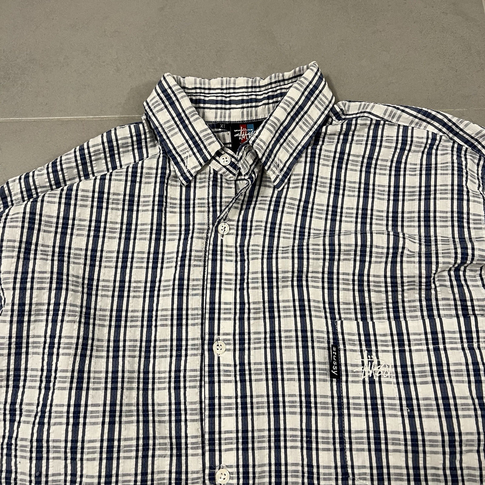 Vintage 90s Stussy Seersucker Pocket Logo Button Shirt XL USA Blue White Navy