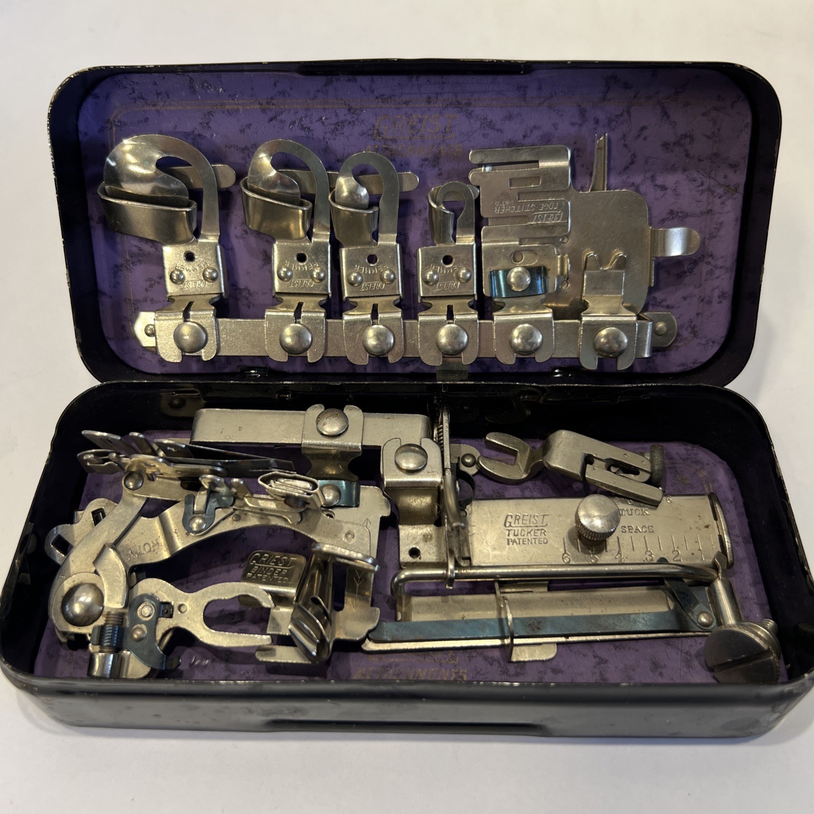 Vintage Rotary Greist Sewing Machine Attachments Purple Lined Metal Case Box