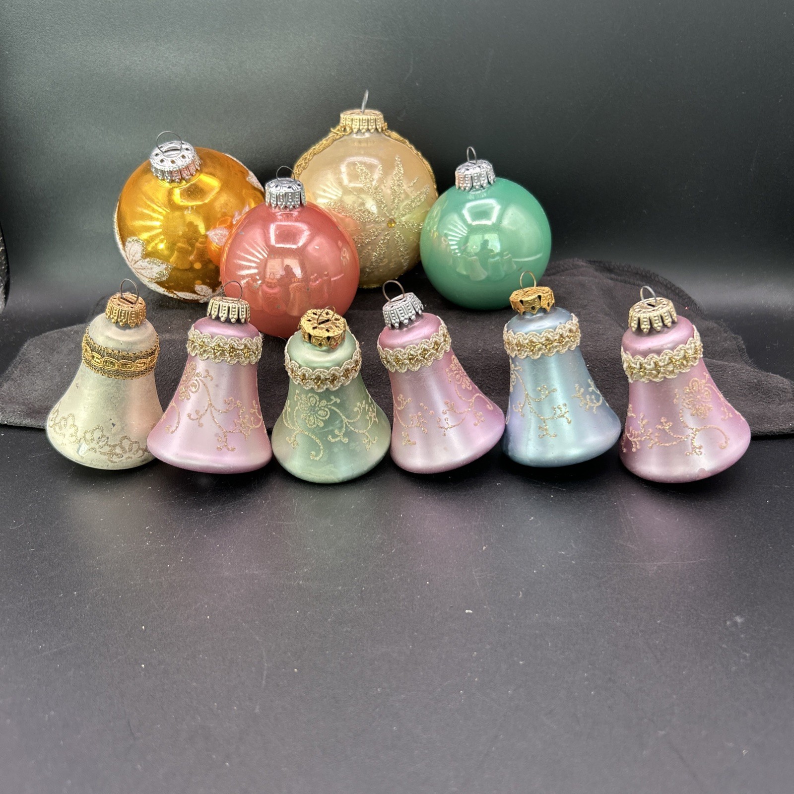Vtg West Germany Glass Christmas Ornaments Lot 10 Pastel Krebs Bells Balls MCM