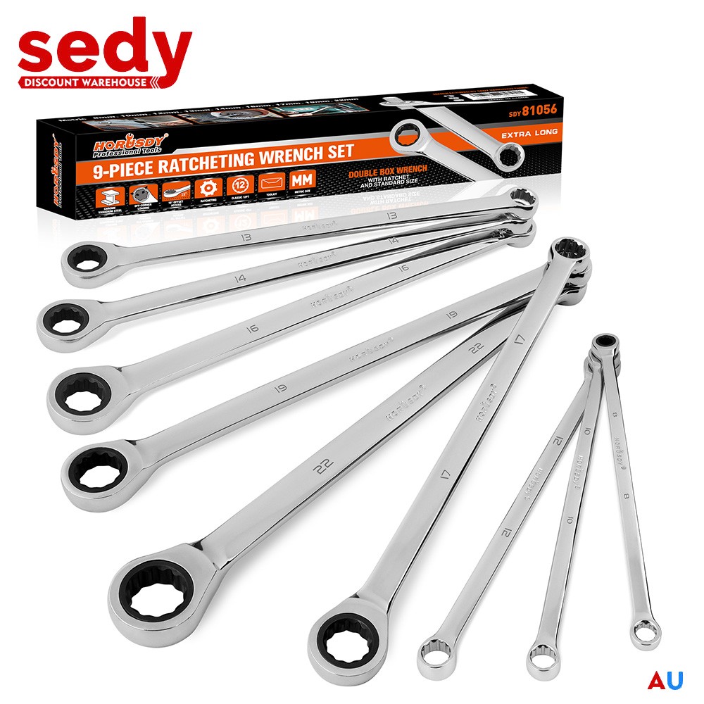9PC Ratcheting Wrench Set Extra Long Anti-Slip Double Box End 8-22MM With Pouch