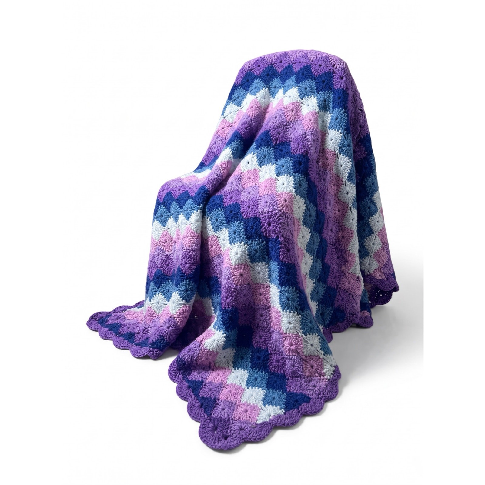 VTG Handmade Granny 62x84 Chevron Ripple Gradient Blue, Purple Crochet Throw