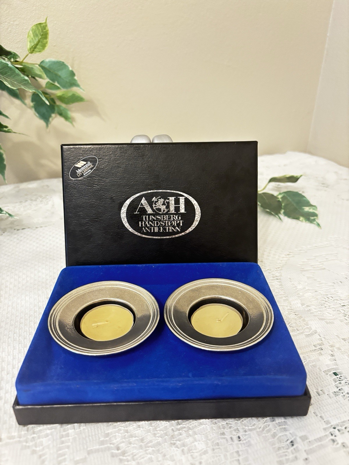 MCM Arne Haugrud Norway Pewter Tealite Candle holder Set Boxed Tunsburg
