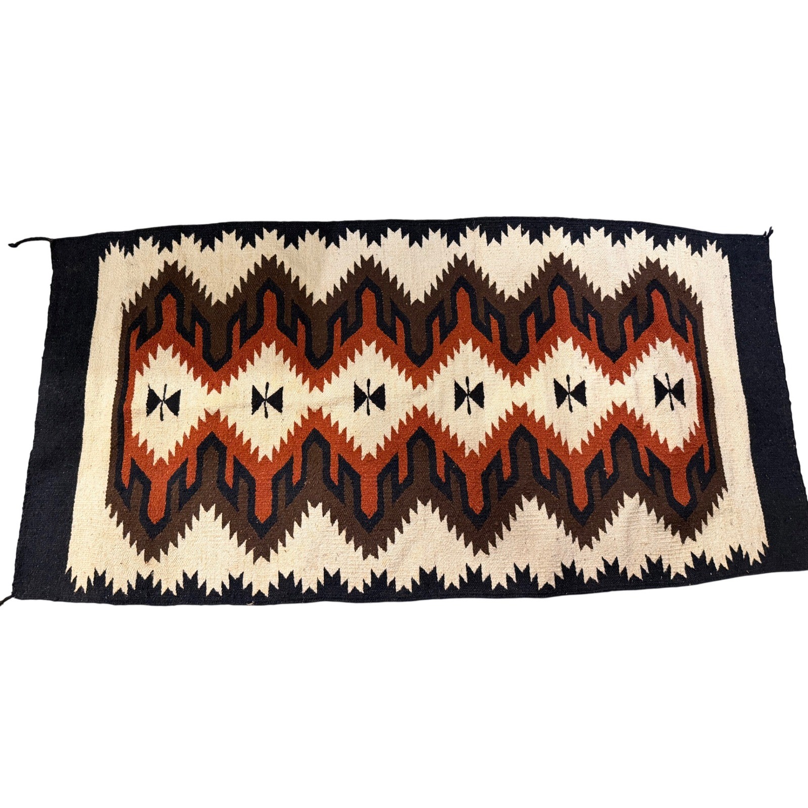 Vintage Southwestern Wool Flatweave Rug Eye Dazzler Geometric Rust Cream 64x32