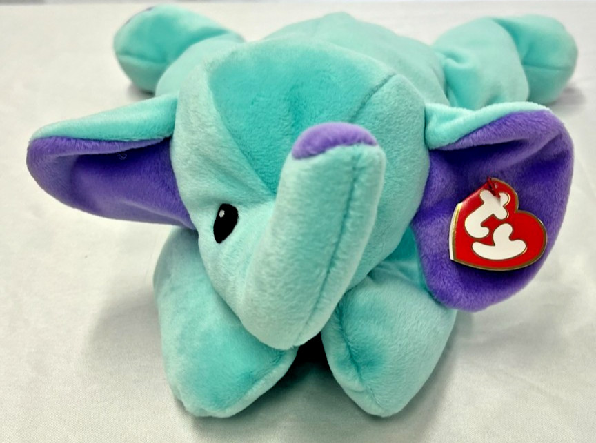 Vintage Retired EUC TY 1998 Pillow Pals SQUIRT the Elephant Teal Blue Purple Bow