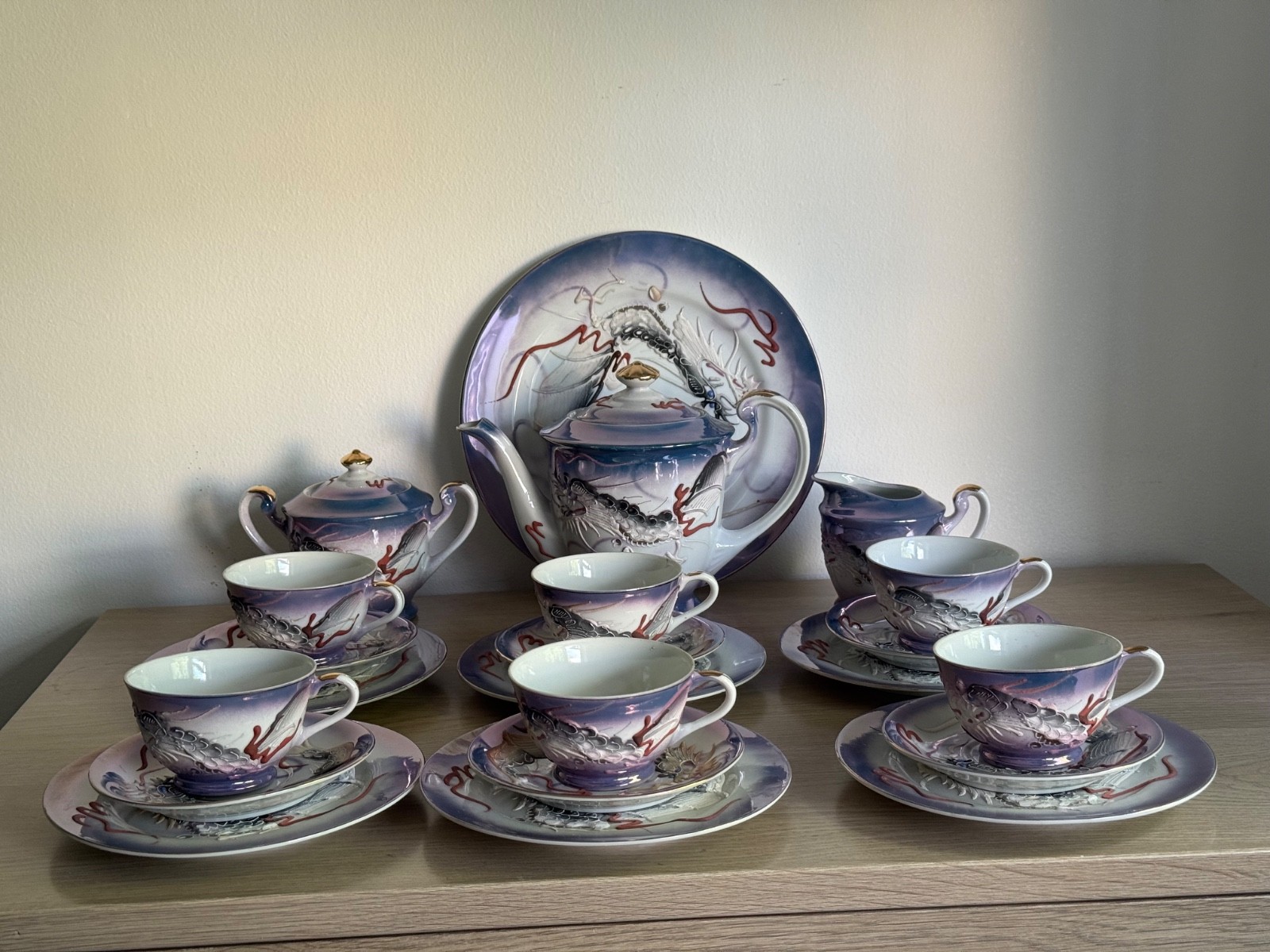 Vintage Japanese Dragonware Tea Set 24 Pc Moriage Purple Luster Geisha Lithophan