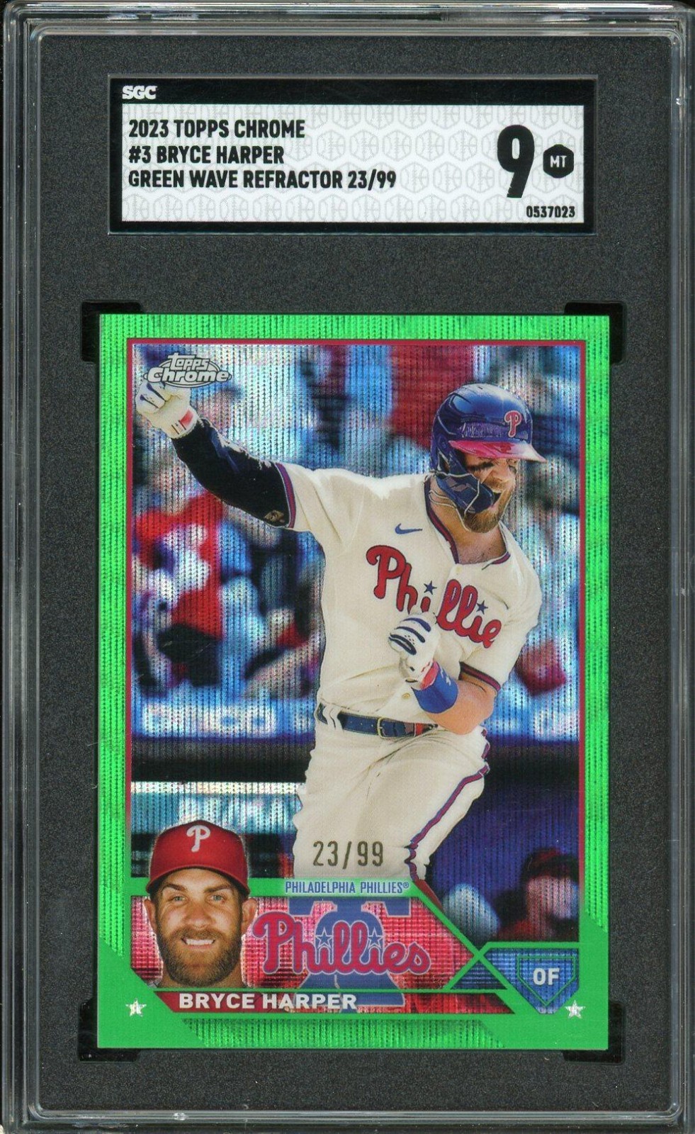 Bryce Harper /99 Green Wave Refractor SGC 9 2023 Topps Chrome Card Bryce Harper /99 Green Wave Refractor SGC 9 2023 Topps Chrome Card