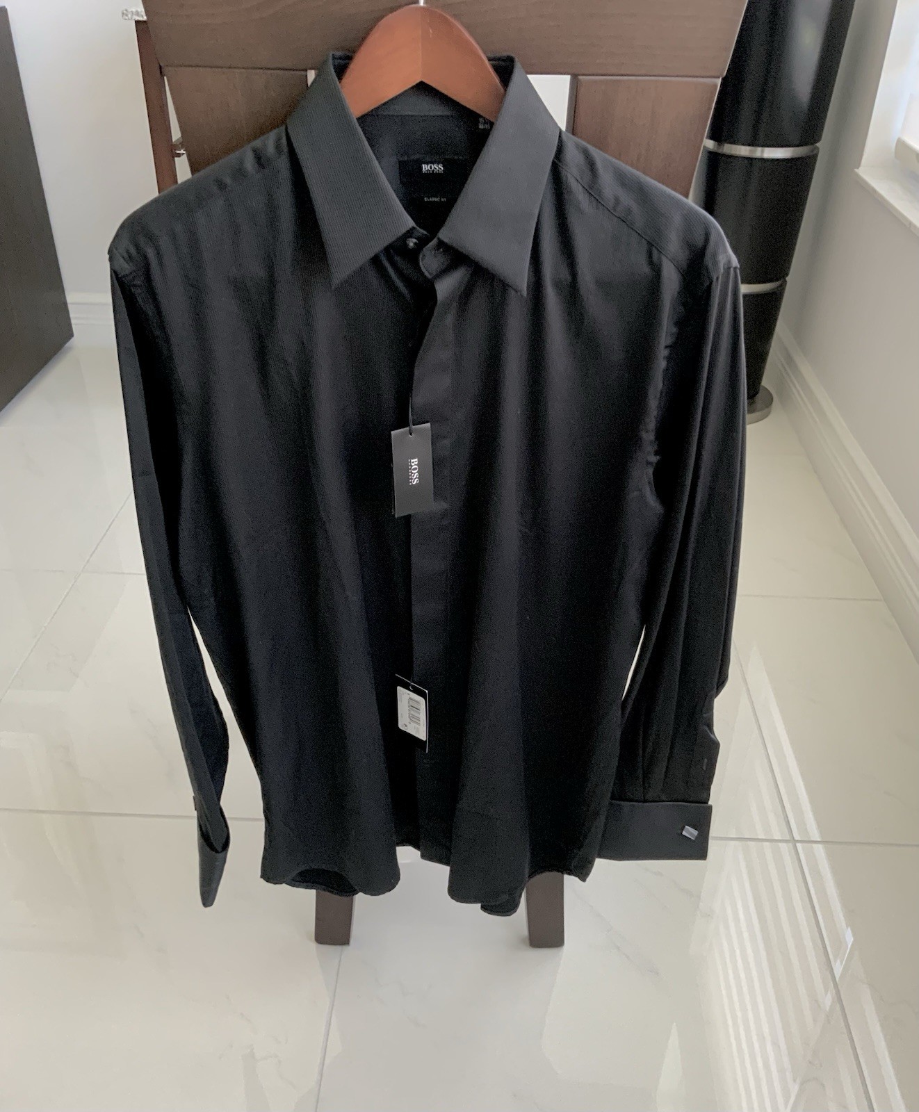 Hugo Boss Men s Classic Fit Black Solid Dress Shirt French Cuff Sleeves NWT