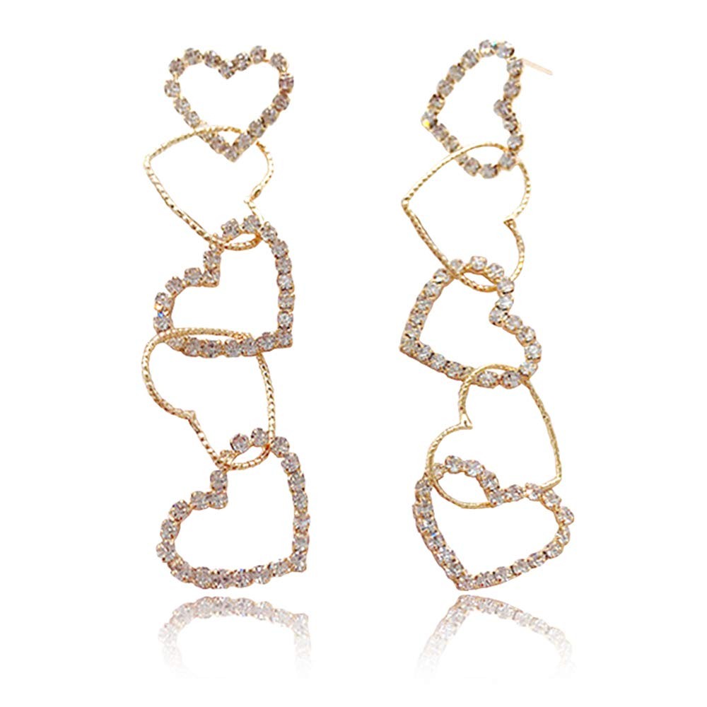 Unique Vintage Gold Long Interlocking Heart Drop Dangle 2.91 inches,