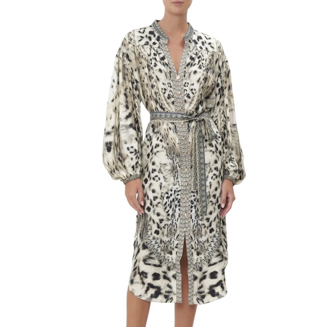 Camilla Dress Snow Whispers Size Small S 10 / US 6 Silk Midi Shirt Belted Party