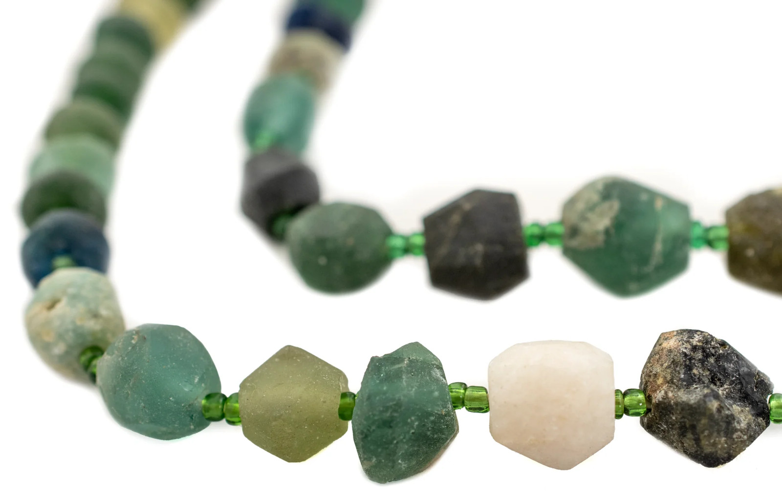 Graduated Roman Glass Chunk Beads 12mm Afghanistan Green Unusual 14 Inch Strand