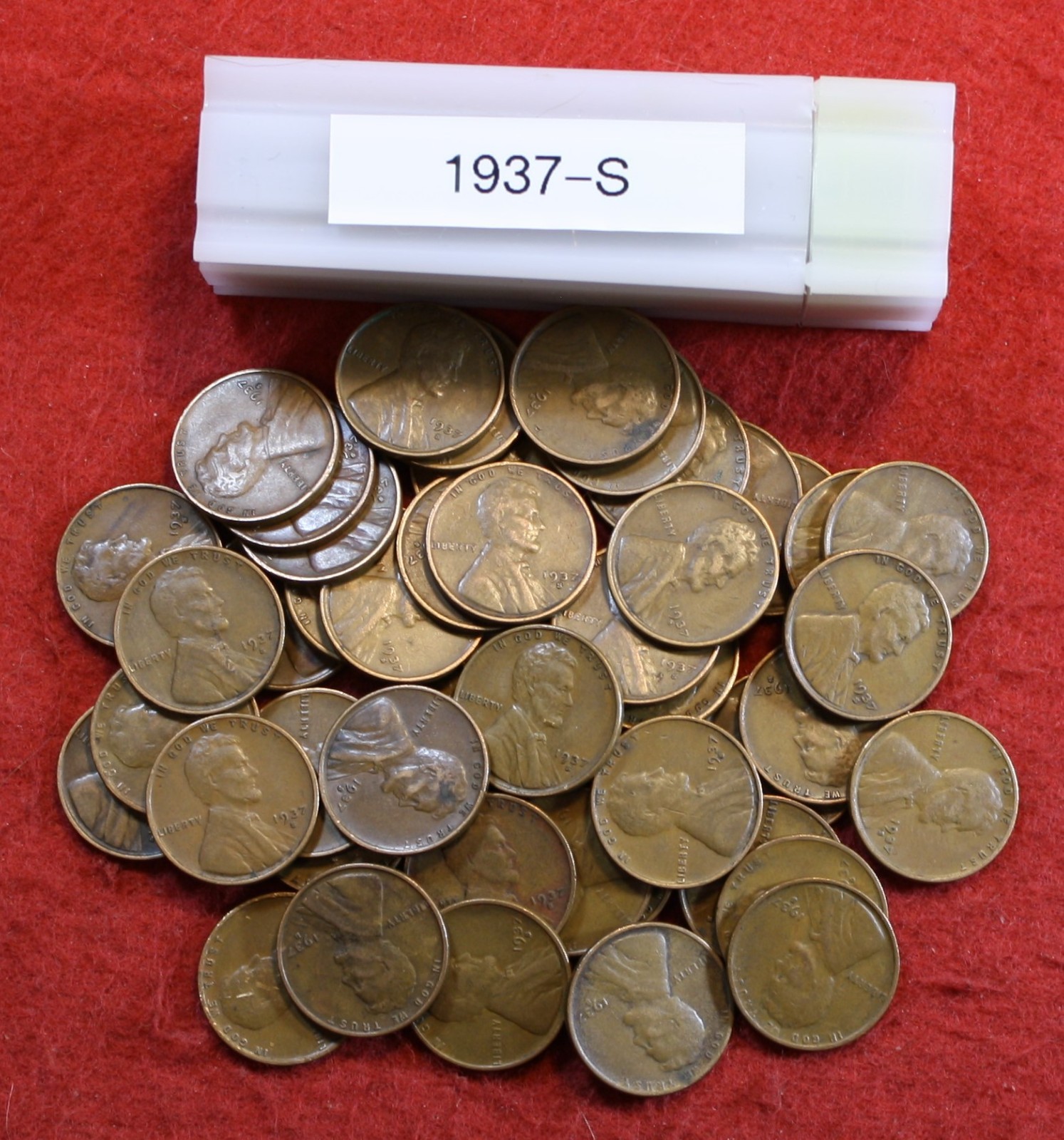 1937-S Lincoln Wheat Cent Penny 50 Coin roll Circulated coins rolls