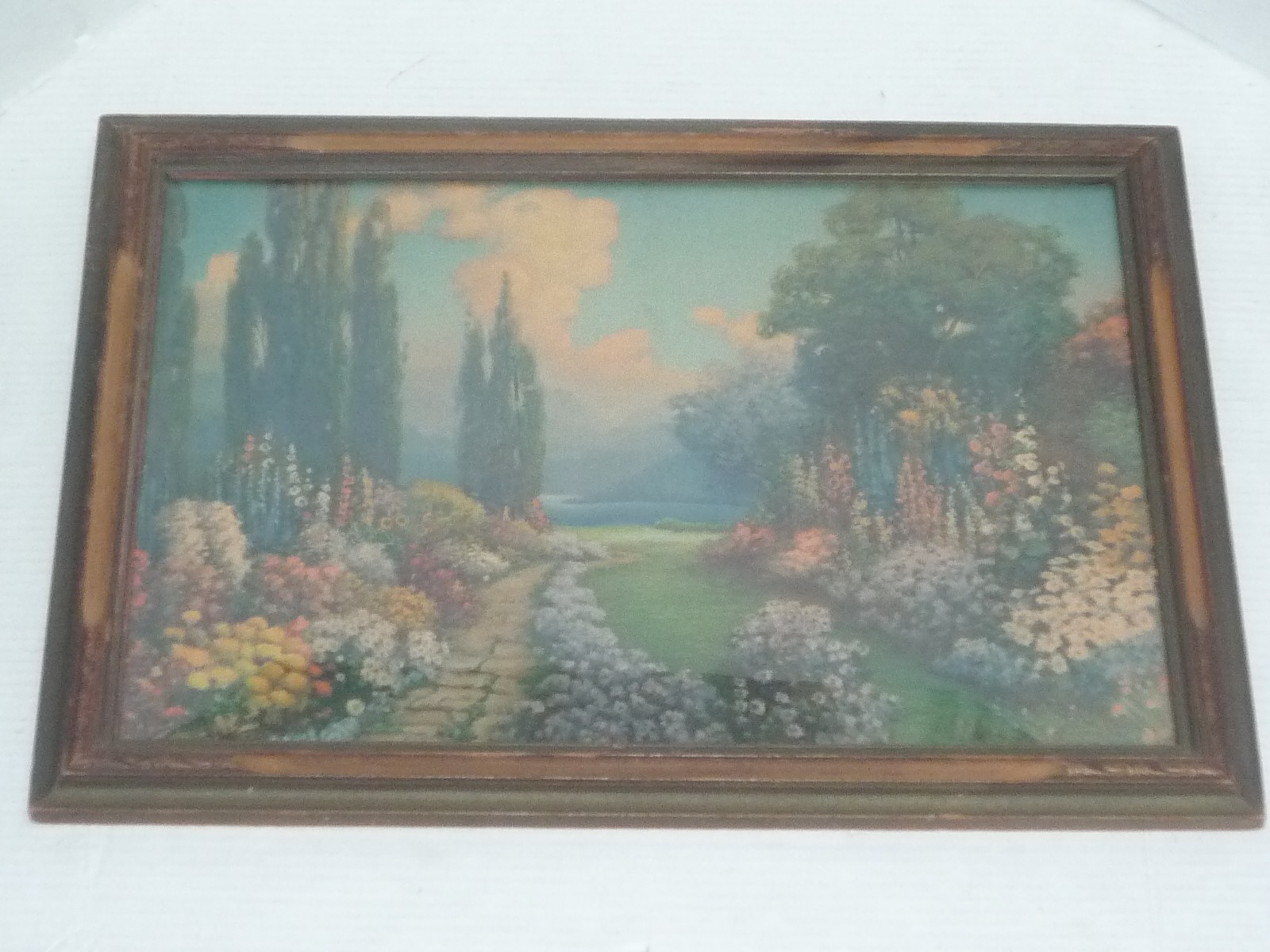 AMAZING ANTIQUE VINTAGE 1927 AMP INC R ATKINSON FOX ENGLISH GARDEN FRAMED PRINT