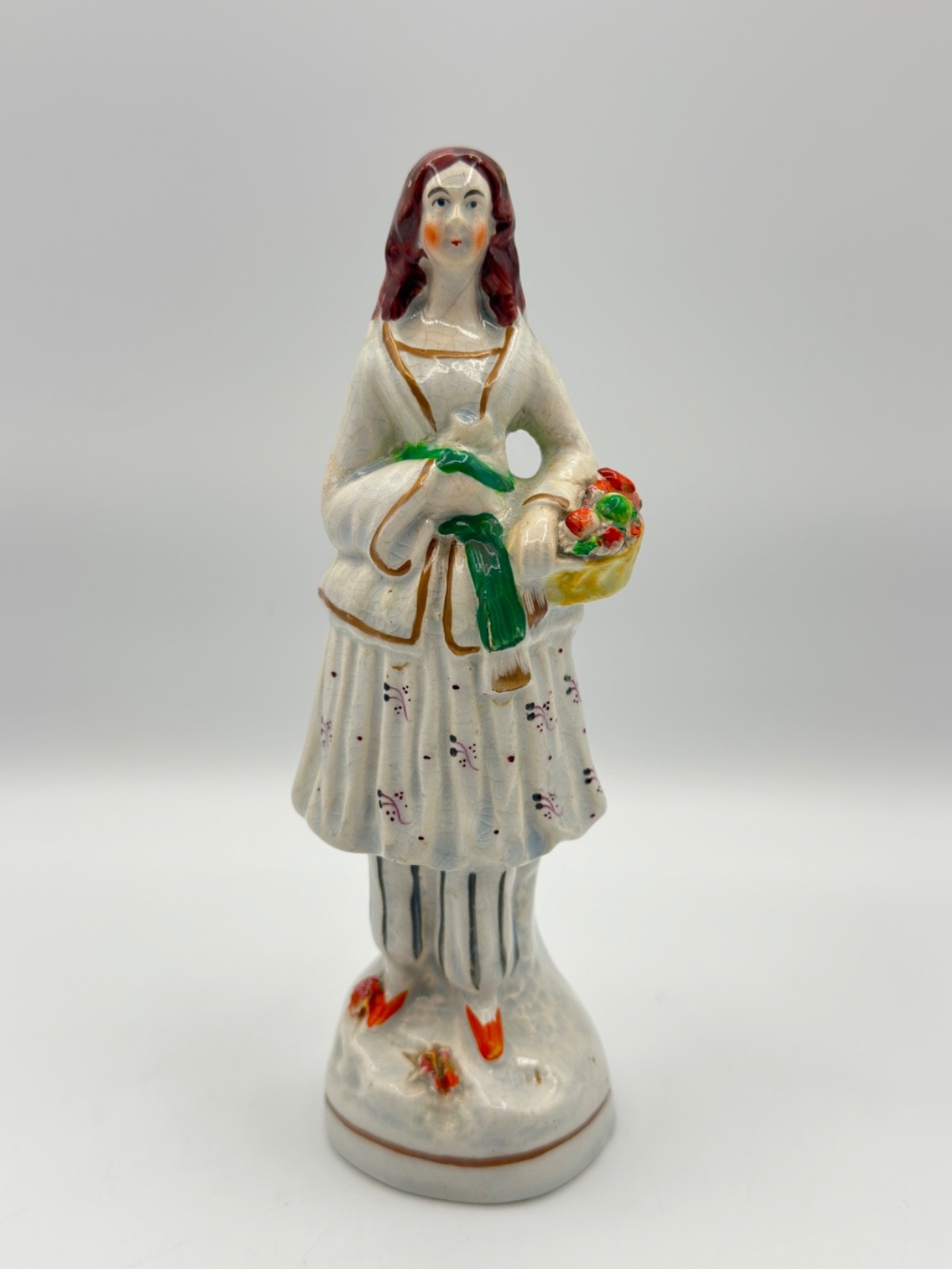 Antique Victorian Staffordshire Lady Fruit Seller Figurine 8\