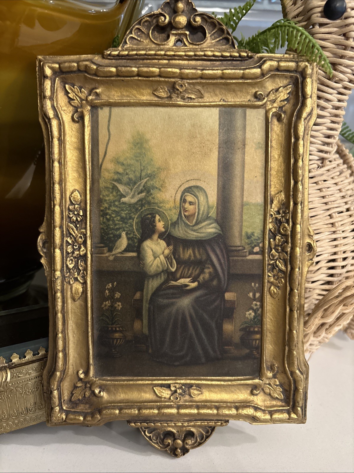 St. Anne & Young Virgin Mary 1930’s Gilt Wooden 9.25” Entryway Italian Plaque