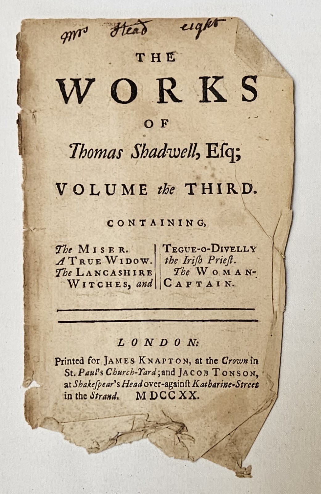 1720 Thomas Shadwell The Miser Moliere L\'Avare Restoration Comedy Theatre Royal 