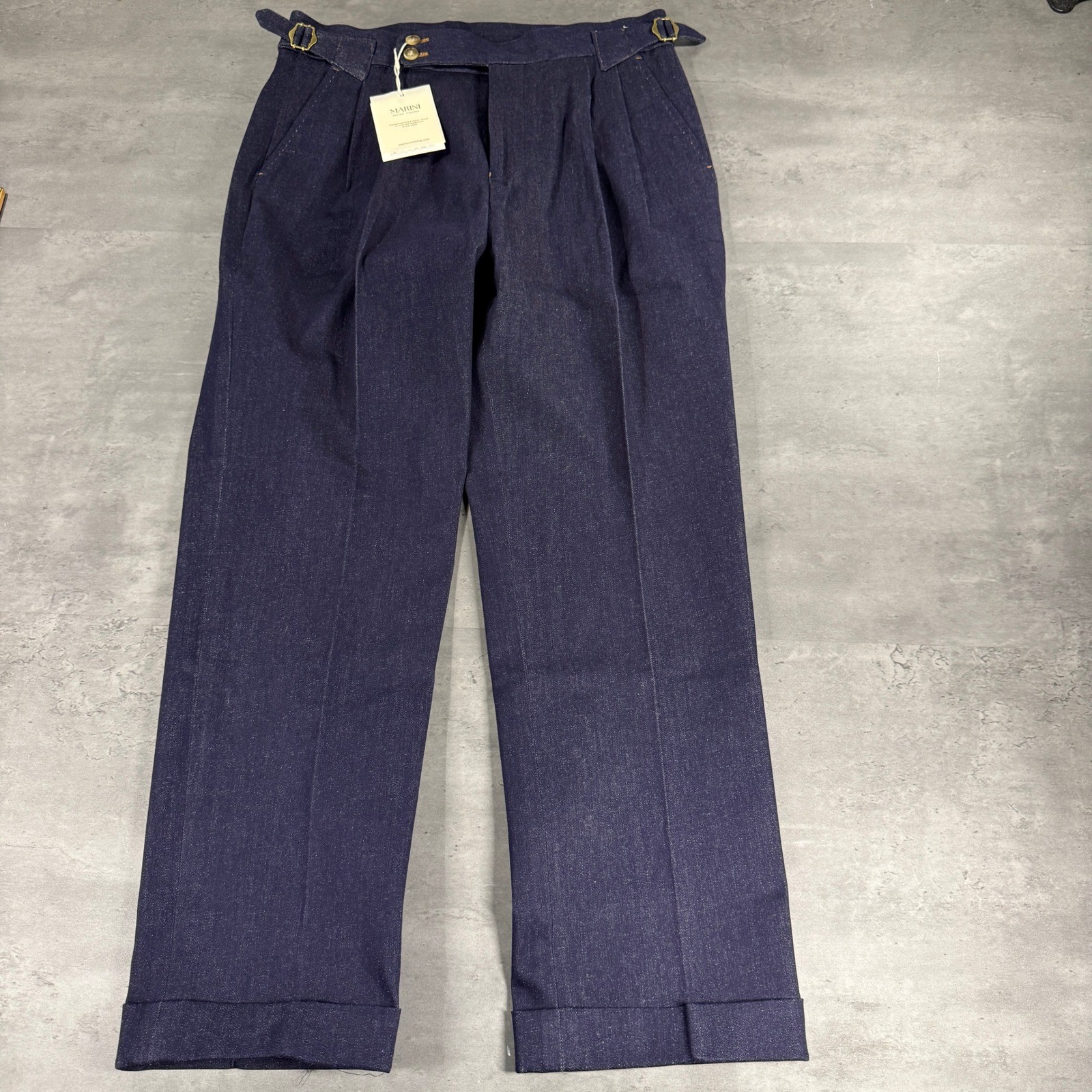 Marini Gurkha Pant Trousers Mens 31 Pleated Side Tab Indigo Denim Cuffed NEW